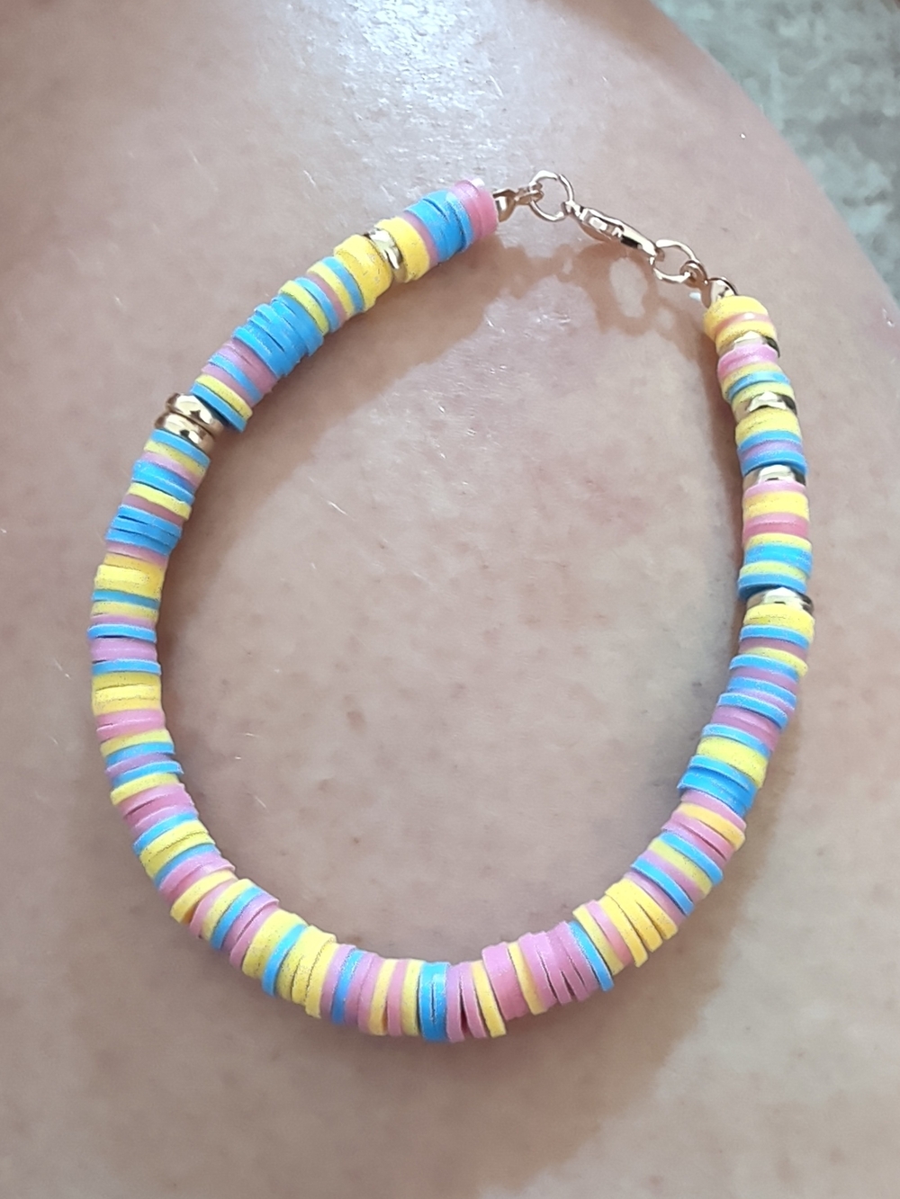Pastel Clay Disk Bead Anklet/Bracelet - Pink Blue Yellow